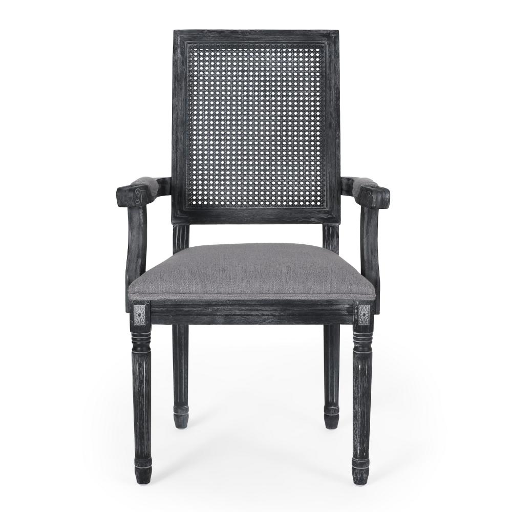 Benjara Amme Dining Chair Set of 2, Cane Backrest, Rubberwood, Gray Polyester