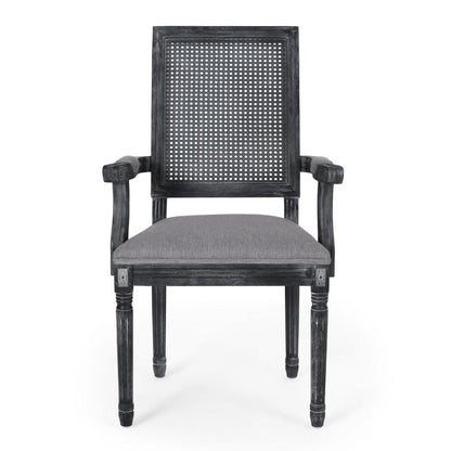 Benjara Amme Dining Chair Set of 2, Cane Backrest, Rubberwood, Gray Polyester