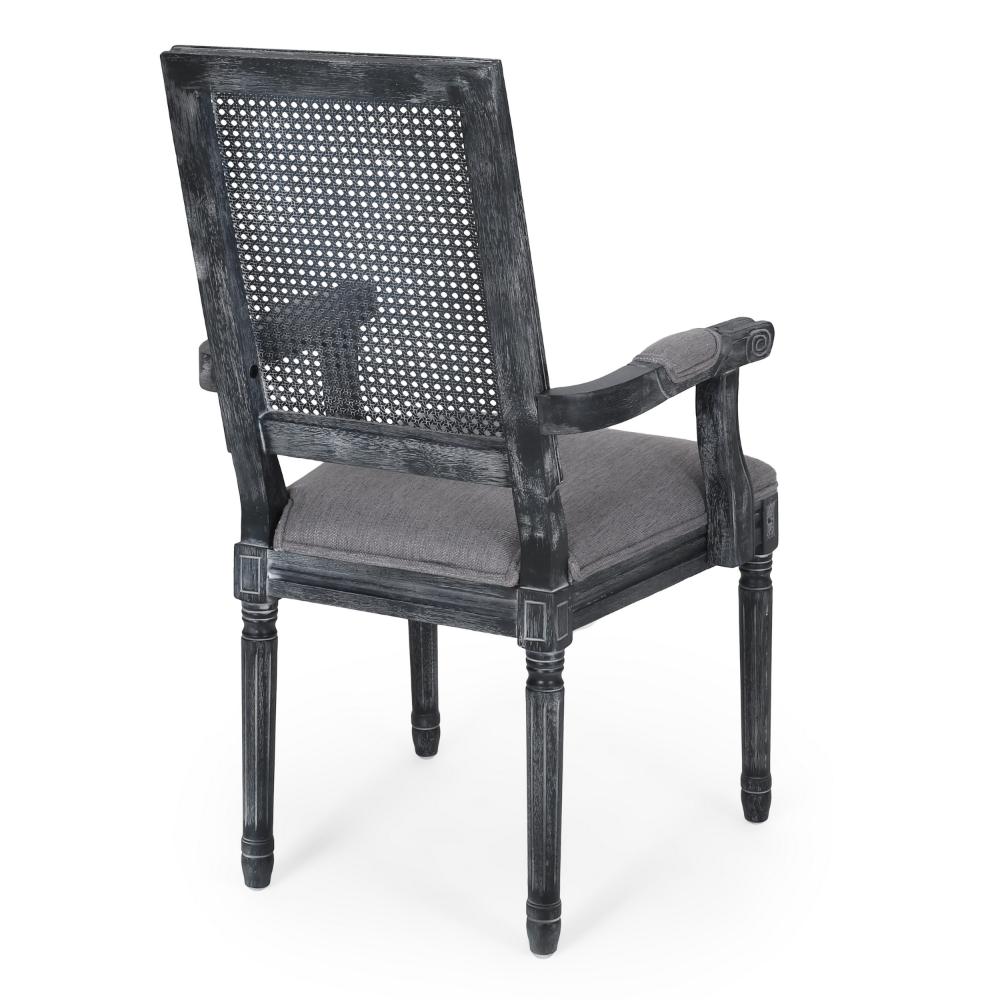 Benjara Amme Dining Chair Set of 2, Cane Backrest, Rubberwood, Gray Polyester