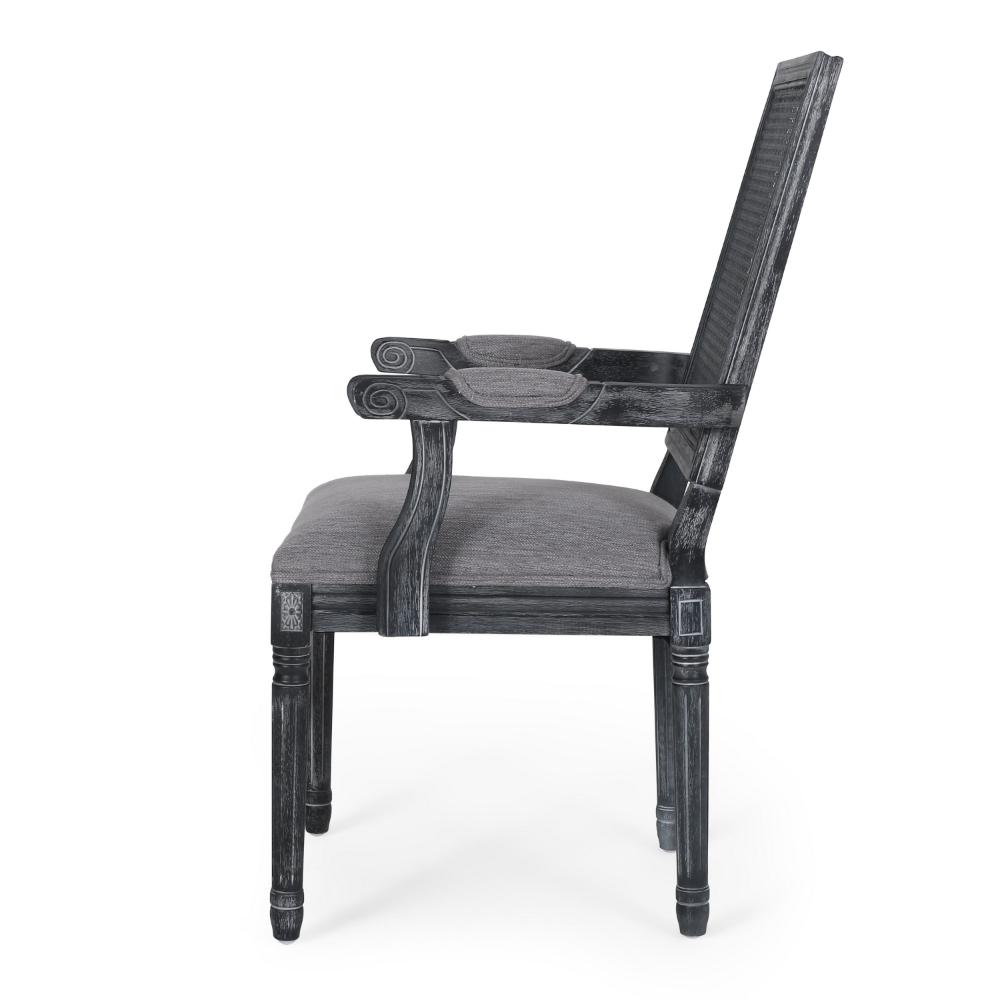 Benjara Amme Dining Chair Set of 2, Cane Backrest, Rubberwood, Gray Polyester