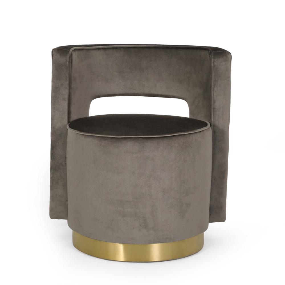 Benjara Viki Swivel Armchair, Round Open Back, Gold Metal, Gray Tufted Velvet
