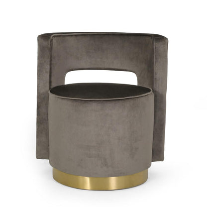 Benjara Viki Swivel Armchair, Round Open Back, Gold Metal, Gray Tufted Velvet