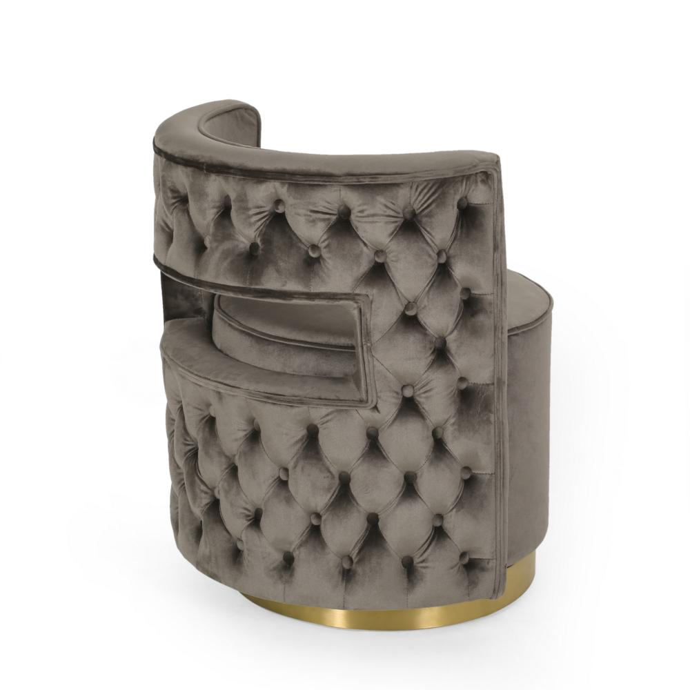 Benjara Viki Swivel Armchair, Round Open Back, Gold Metal, Gray Tufted Velvet