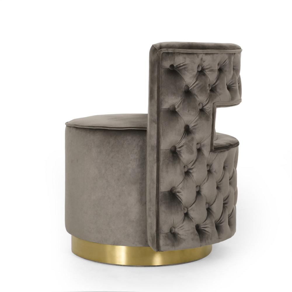 Benjara Viki Swivel Armchair, Round Open Back, Gold Metal, Gray Tufted Velvet