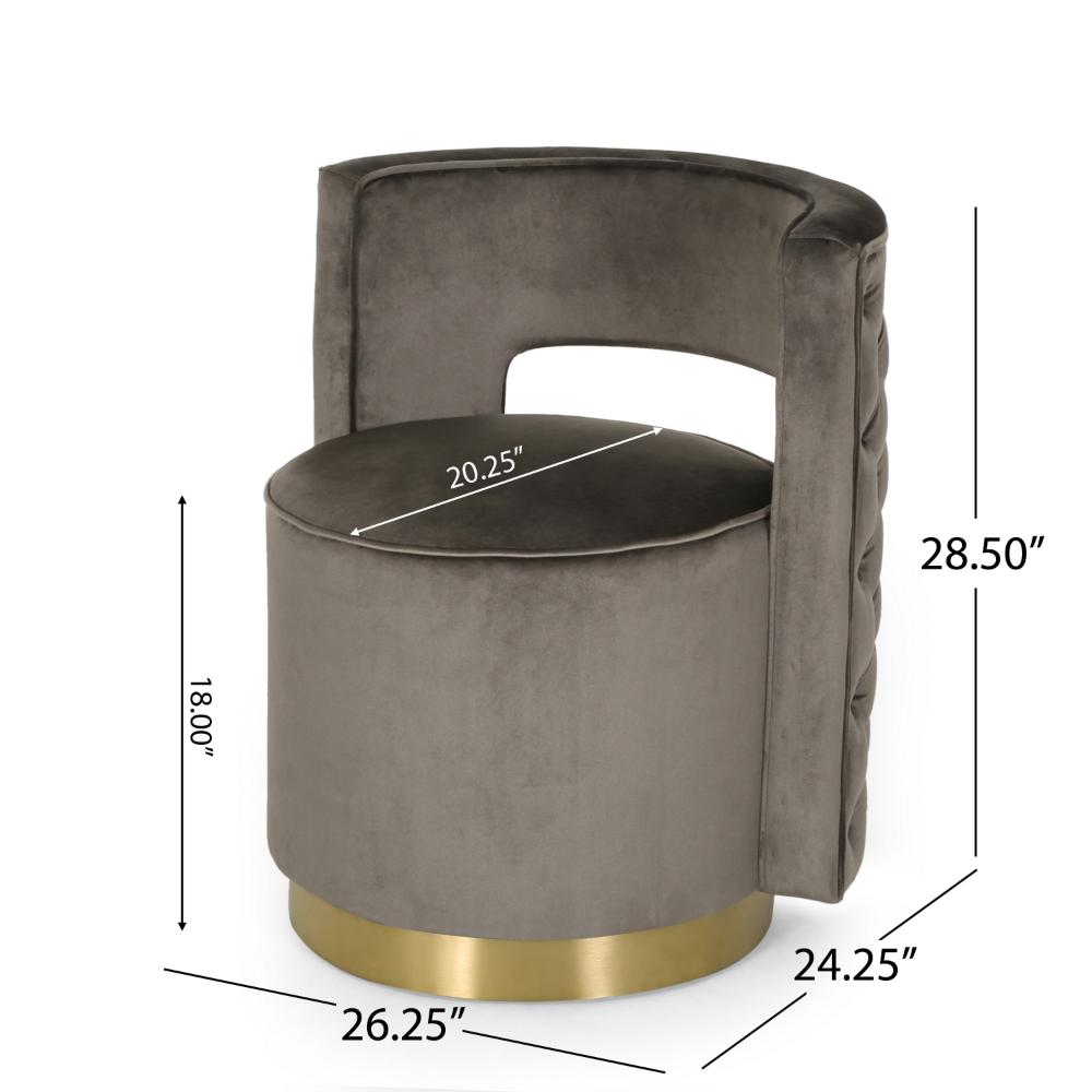 Benjara Viki Swivel Armchair, Round Open Back, Gold Metal, Gray Tufted Velvet