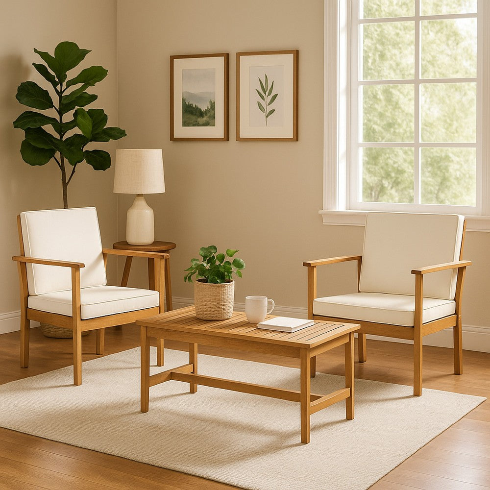 Benjara 3pc Set with 2 Outdoor Club Chairs And Coffee Table in Acacia Wood