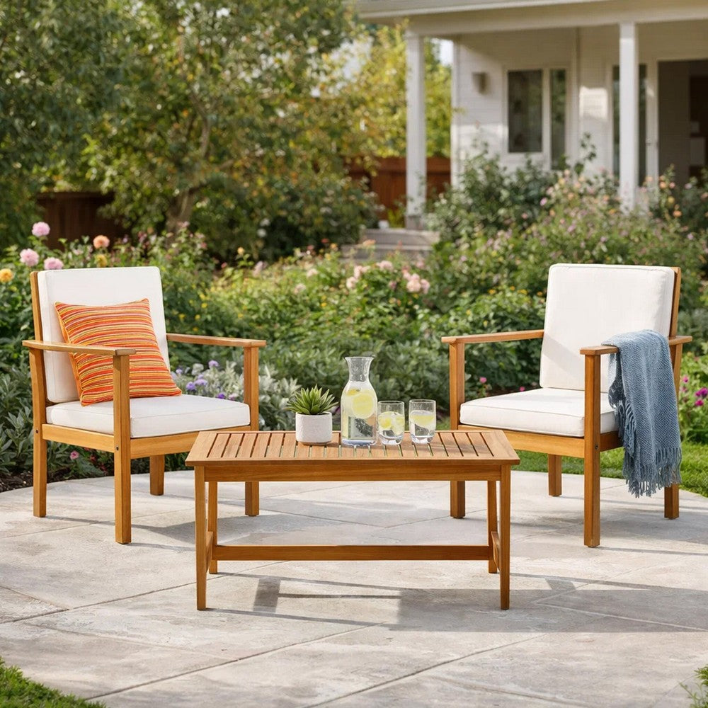 Benjara 3pc Set with 2 Outdoor Club Chairs And Coffee Table in Acacia Wood