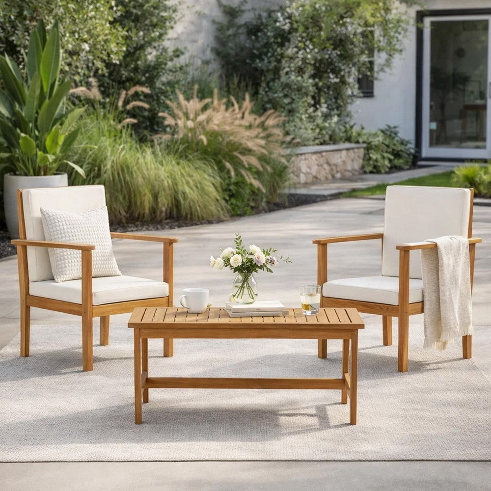 Benjara 3pc Set with 2 Outdoor Club Chairs And Coffee Table in Acacia Wood