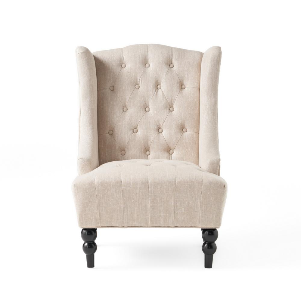Benjara Club Chair, High Wingback, Birch Wood Legs, Beige Button Tufted Fabric