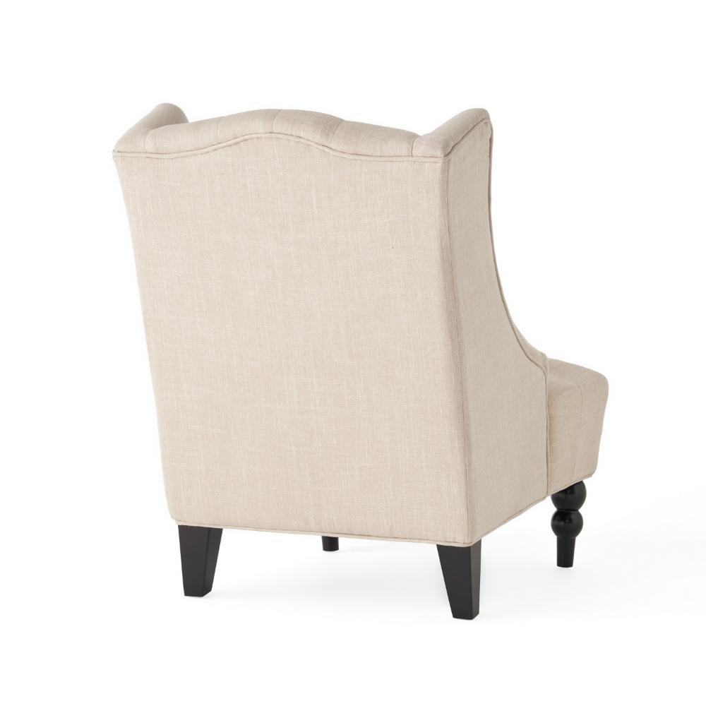 Benjara Club Chair, High Wingback, Birch Wood Legs, Beige Button Tufted Fabric