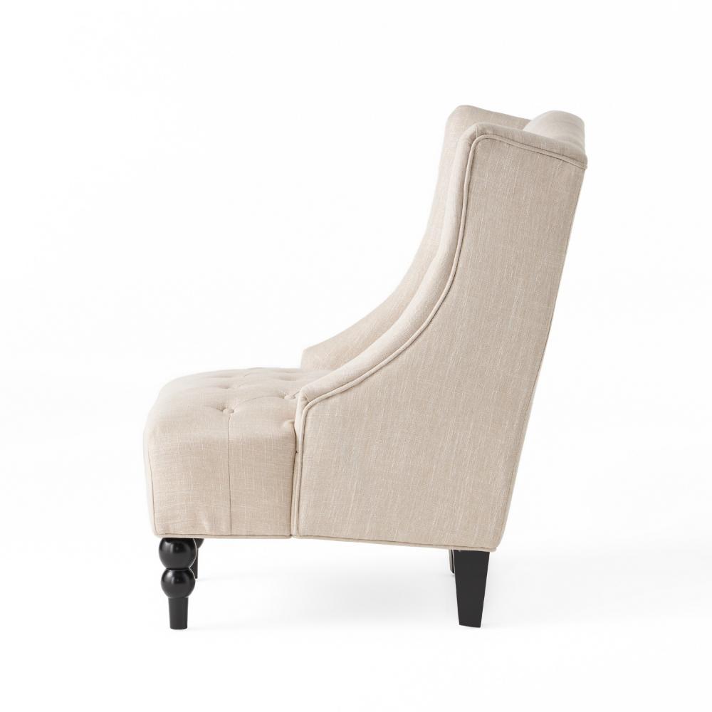Benjara Club Chair, High Wingback, Birch Wood Legs, Beige Button Tufted Fabric