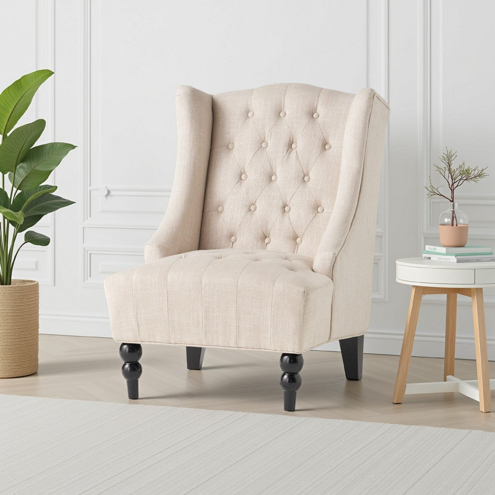 Benjara Club Chair, High Wingback, Birch Wood Legs, Beige Button Tufted Fabric