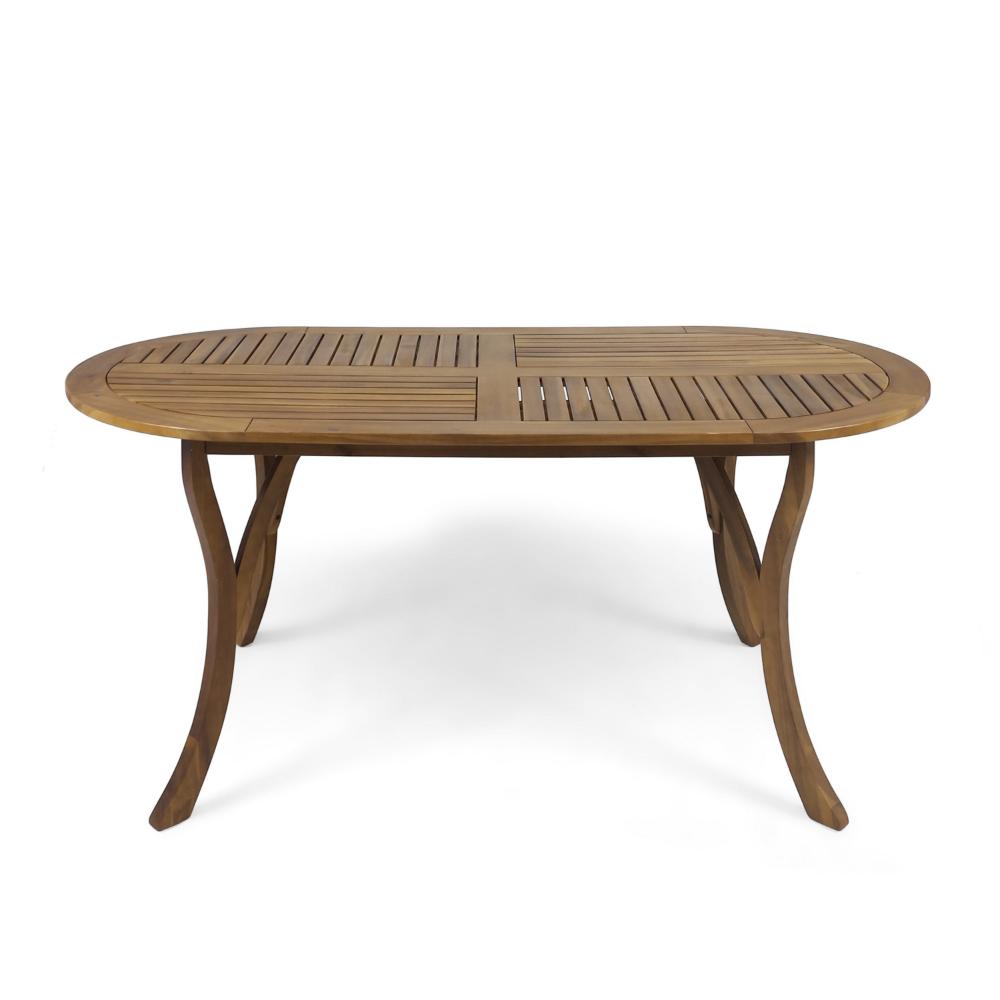 Benjara Outdoor Dining Table, 70 Inch Slat Style Oval Top, Teak Acacia Wood