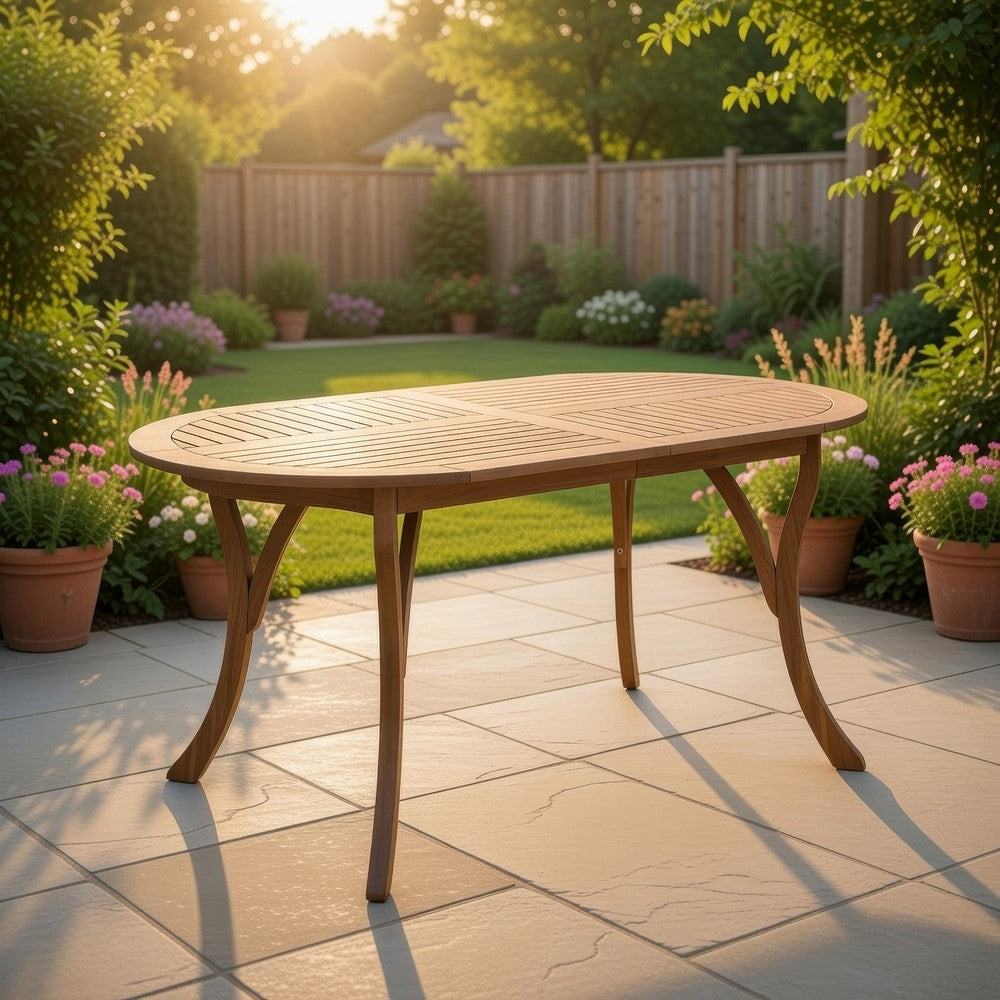 Benjara Outdoor Dining Table, 70 Inch Slat Style Oval Top, Teak Acacia Wood