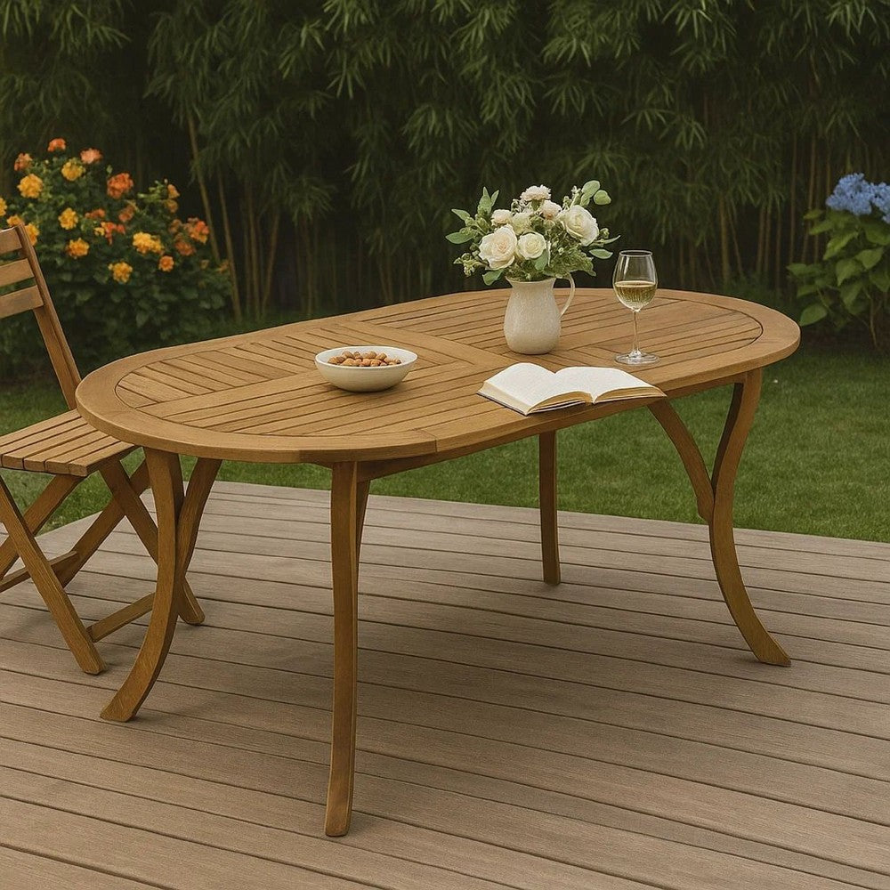 Benjara Outdoor Dining Table, 70 Inch Slat Style Oval Top, Teak Acacia Wood