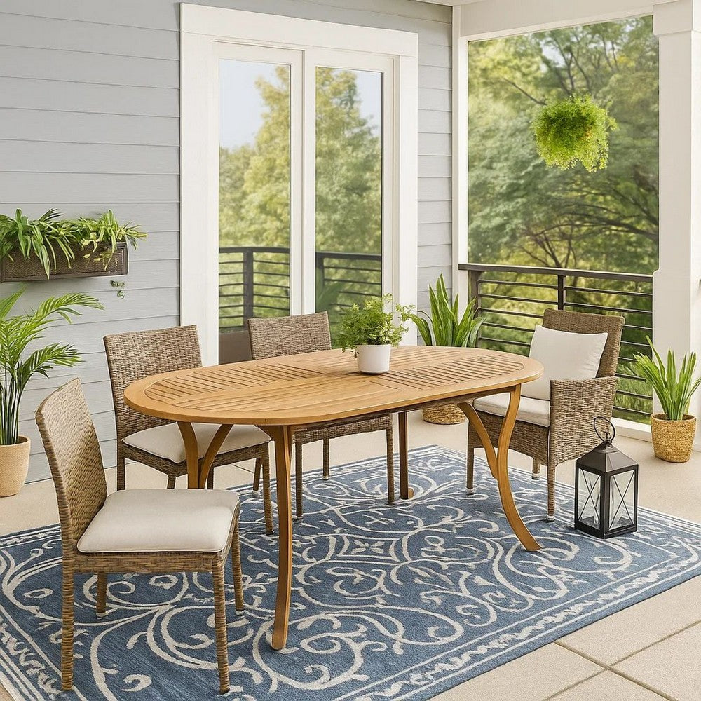 Benjara Outdoor Dining Table, 70 Inch Slat Style Oval Top, Teak Acacia Wood