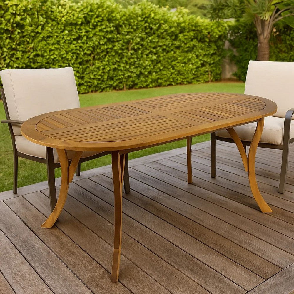 Benjara Outdoor Dining Table, 70 Inch Slat Style Oval Top, Teak Acacia Wood