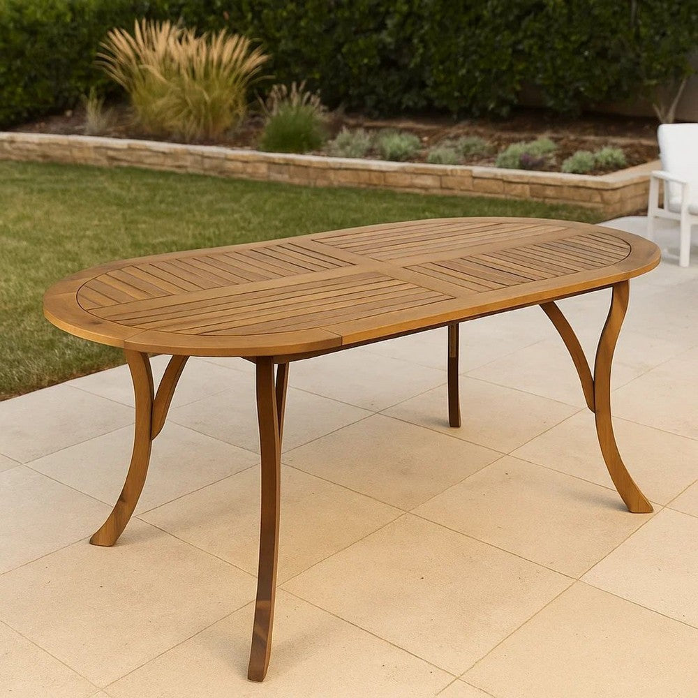 Benjara Outdoor Dining Table, 70 Inch Slat Style Oval Top, Teak Acacia Wood
