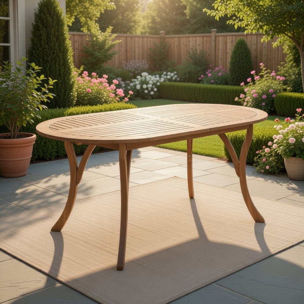 Benjara Outdoor Dining Table, 70 Inch Slat Style Oval Top, Teak Acacia Wood