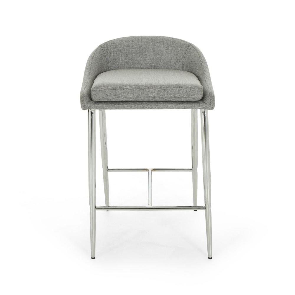 Benjara Yoko Set of 2 Counter Stool Chairs, Curved Back, Chrome Iron Legs, Gray Fabric
