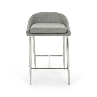 Benjara Yoko Set of 2 Counter Stool Chairs, Curved Back, Chrome Iron Legs, Gray Fabric