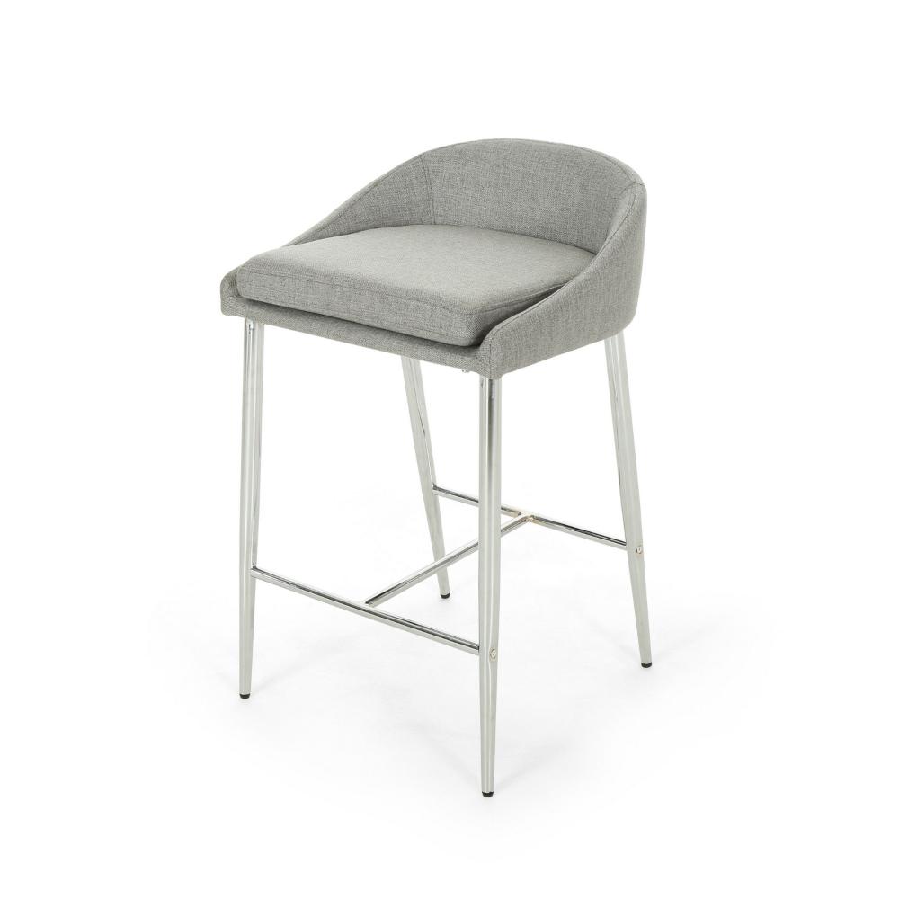 Benjara Yoko Set of 2 Counter Stool Chairs, Curved Back, Chrome Iron Legs, Gray Fabric