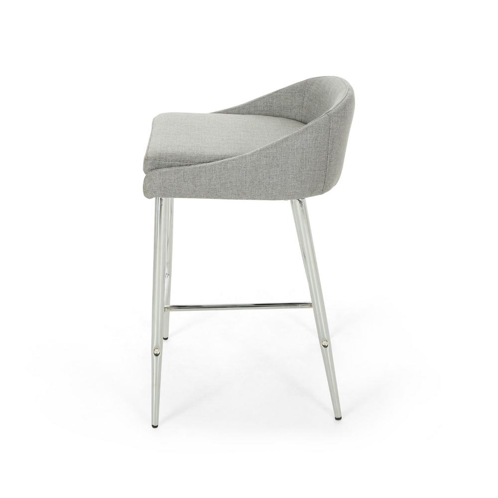 Benjara Yoko Set of 2 Counter Stool Chairs, Curved Back, Chrome Iron Legs, Gray Fabric