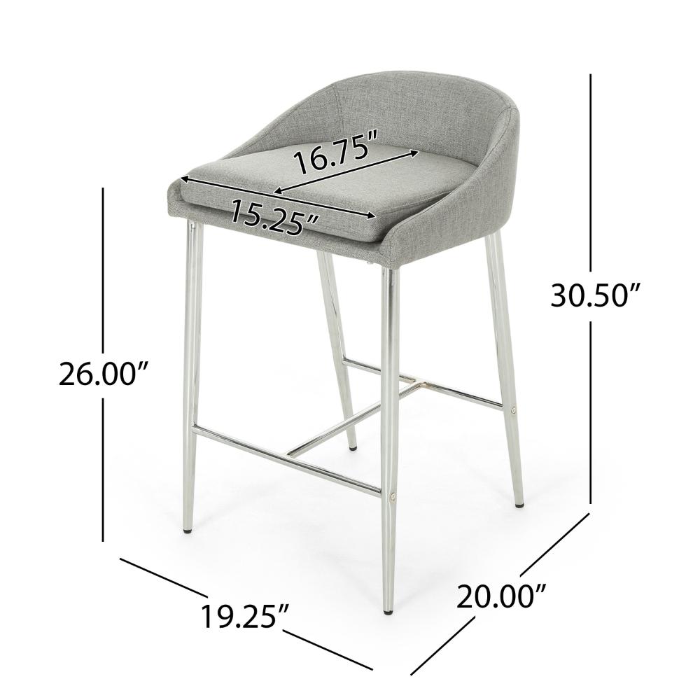 Benjara Yoko Set of 2 Counter Stool Chairs, Curved Back, Chrome Iron Legs, Gray Fabric