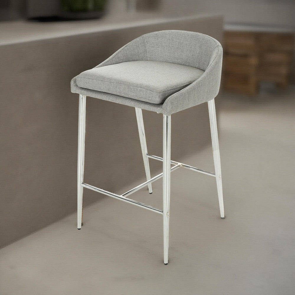 Benjara Yoko Set of 2 Counter Stool Chairs, Curved Back, Chrome Iron Legs, Gray Fabric