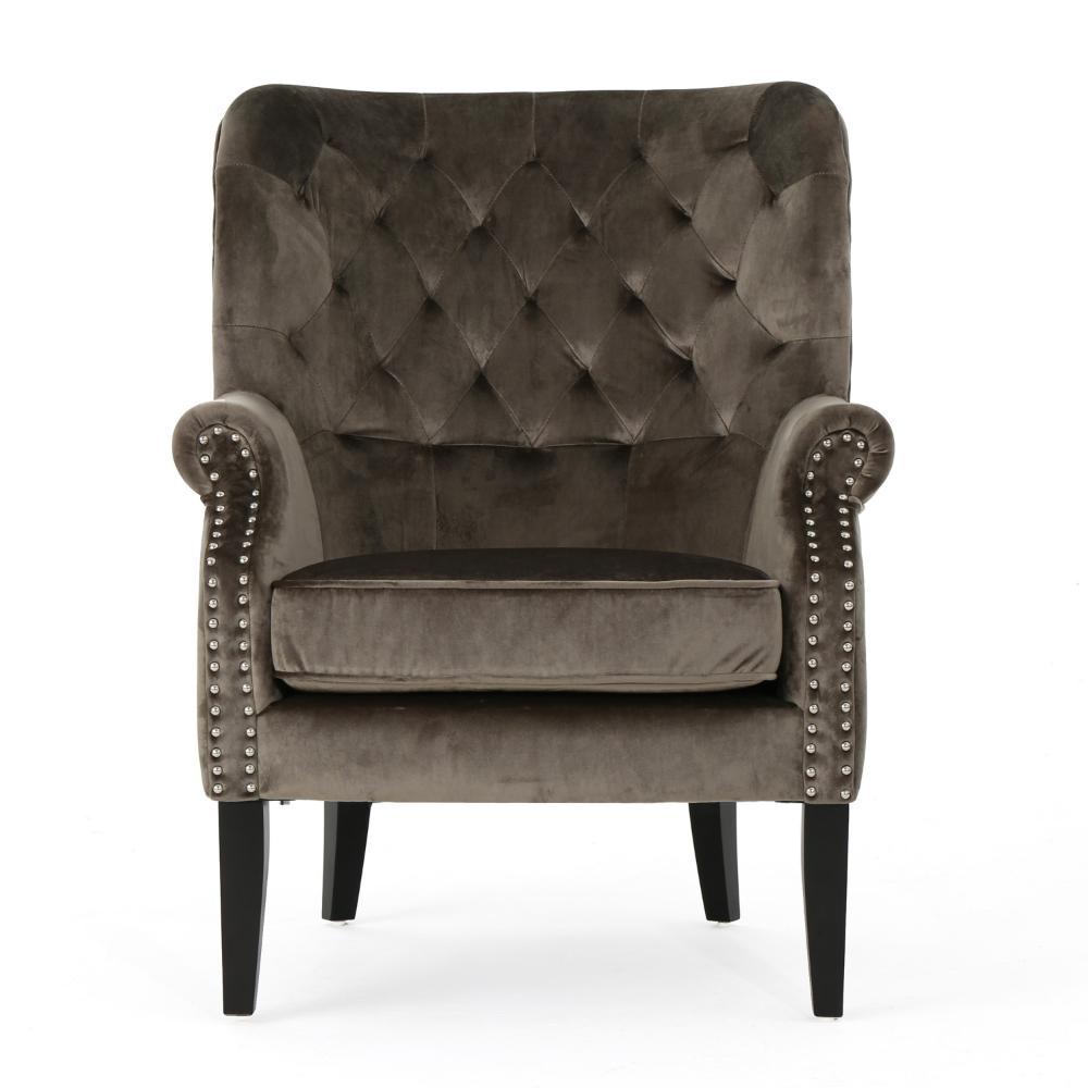 Benjara Nire Accent Club Chair, Nailhead Trim, Brown Birch Wood, Gray Velvet