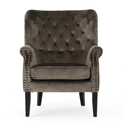 Benjara Nire Accent Club Chair, Nailhead Trim, Brown Birch Wood, Gray Velvet