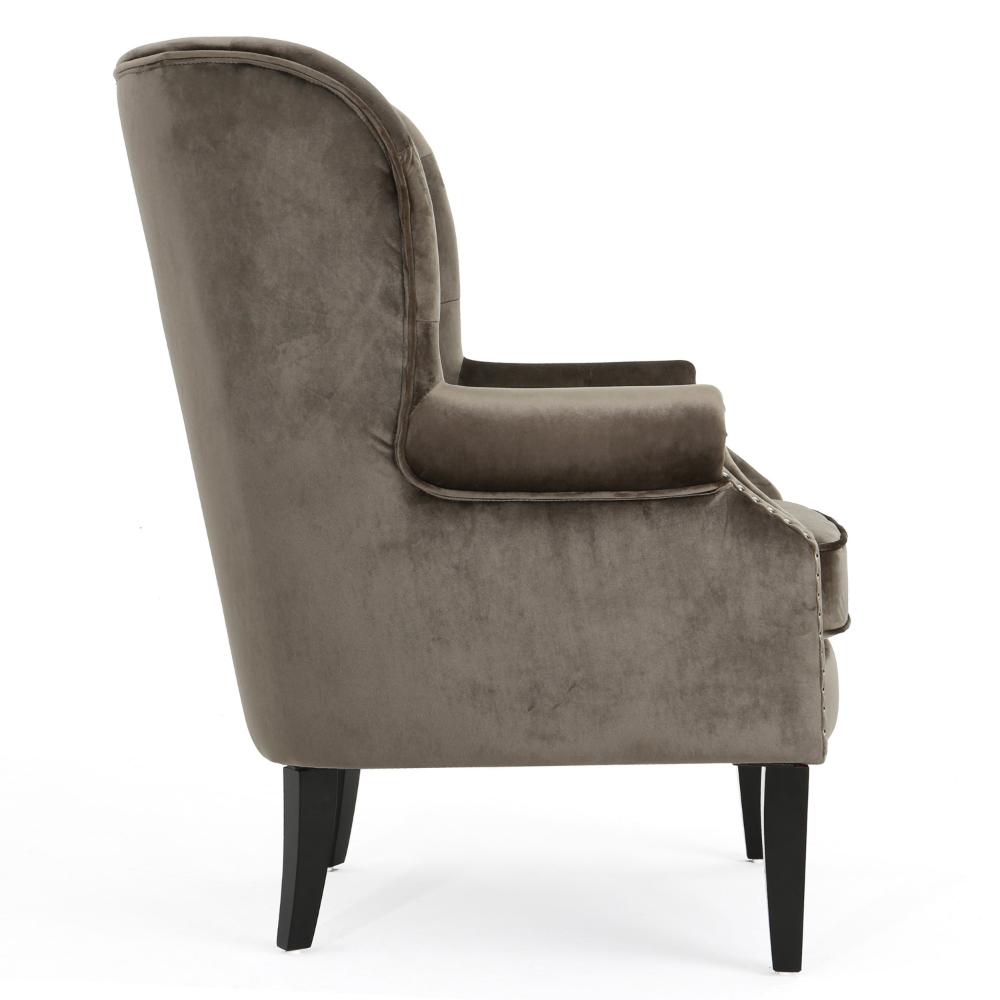 Benjara Nire Accent Club Chair, Nailhead Trim, Brown Birch Wood, Gray Velvet