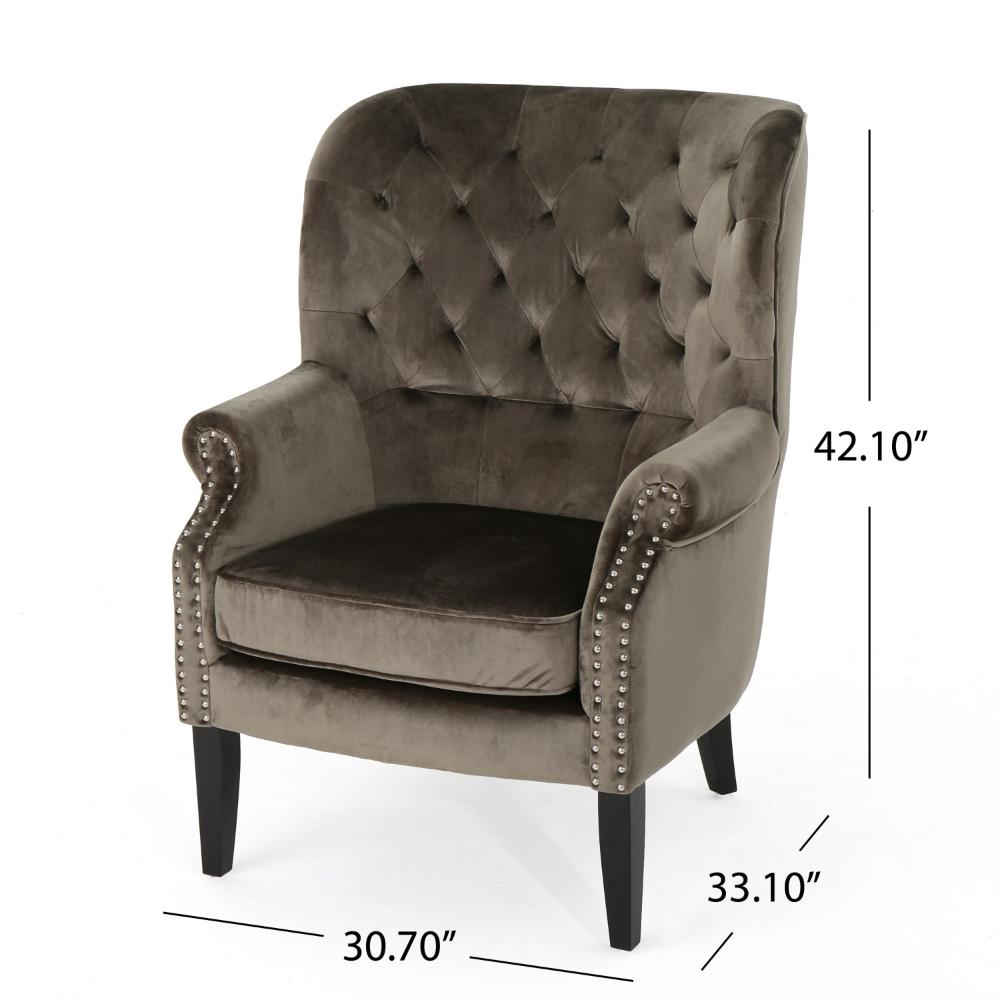 Benjara Nire Accent Club Chair, Nailhead Trim, Brown Birch Wood, Gray Velvet