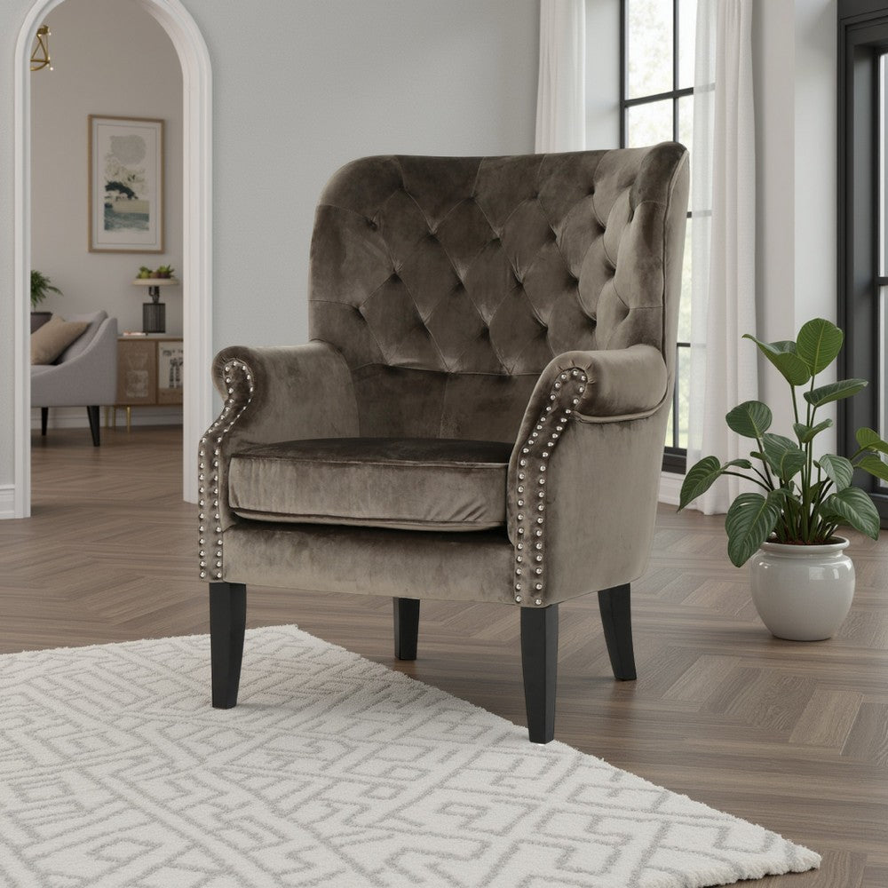 Benjara Nire Accent Club Chair, Nailhead Trim, Brown Birch Wood, Gray Velvet