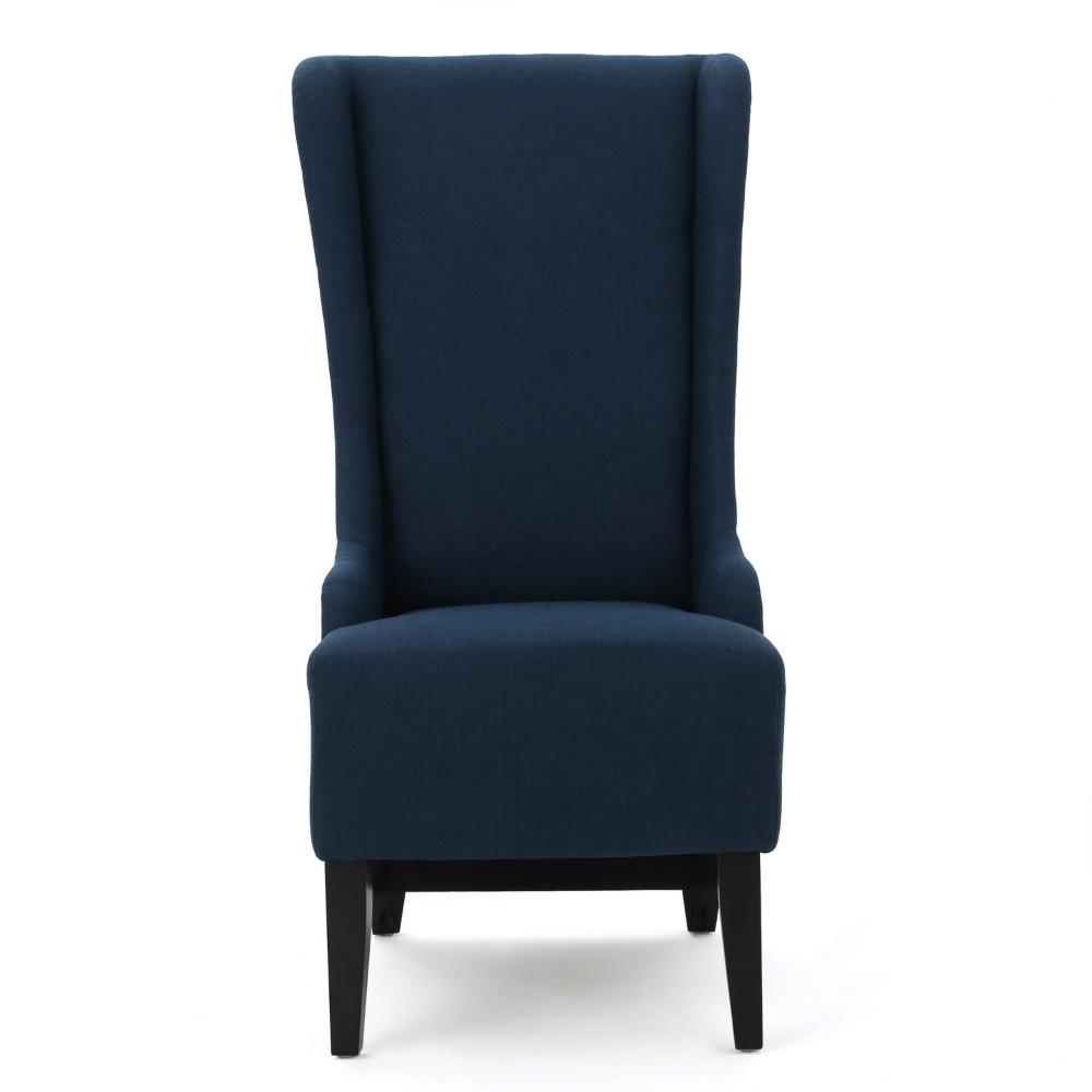 Benjara Becca Dining Chair, High Wingback Brown Birch Wood, Navy Blue Fabric