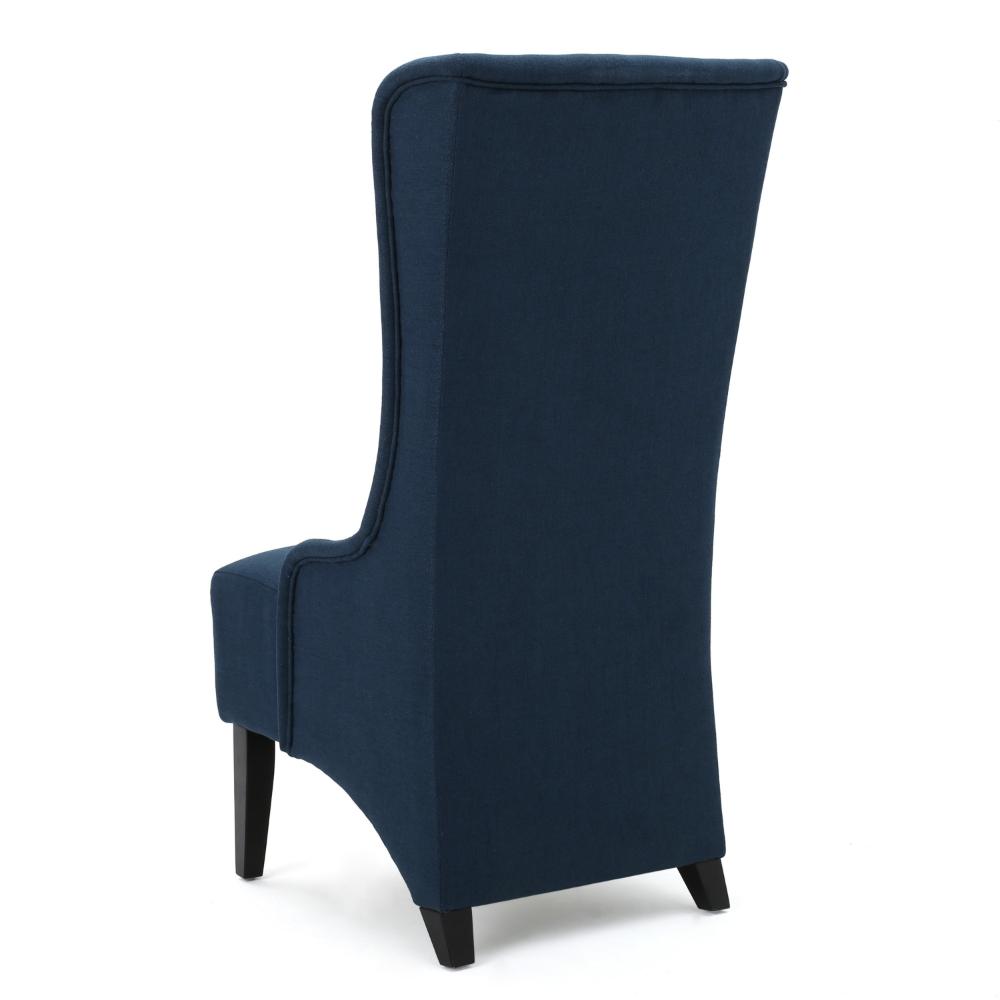 Benjara Becca Dining Chair, High Wingback Brown Birch Wood, Navy Blue Fabric