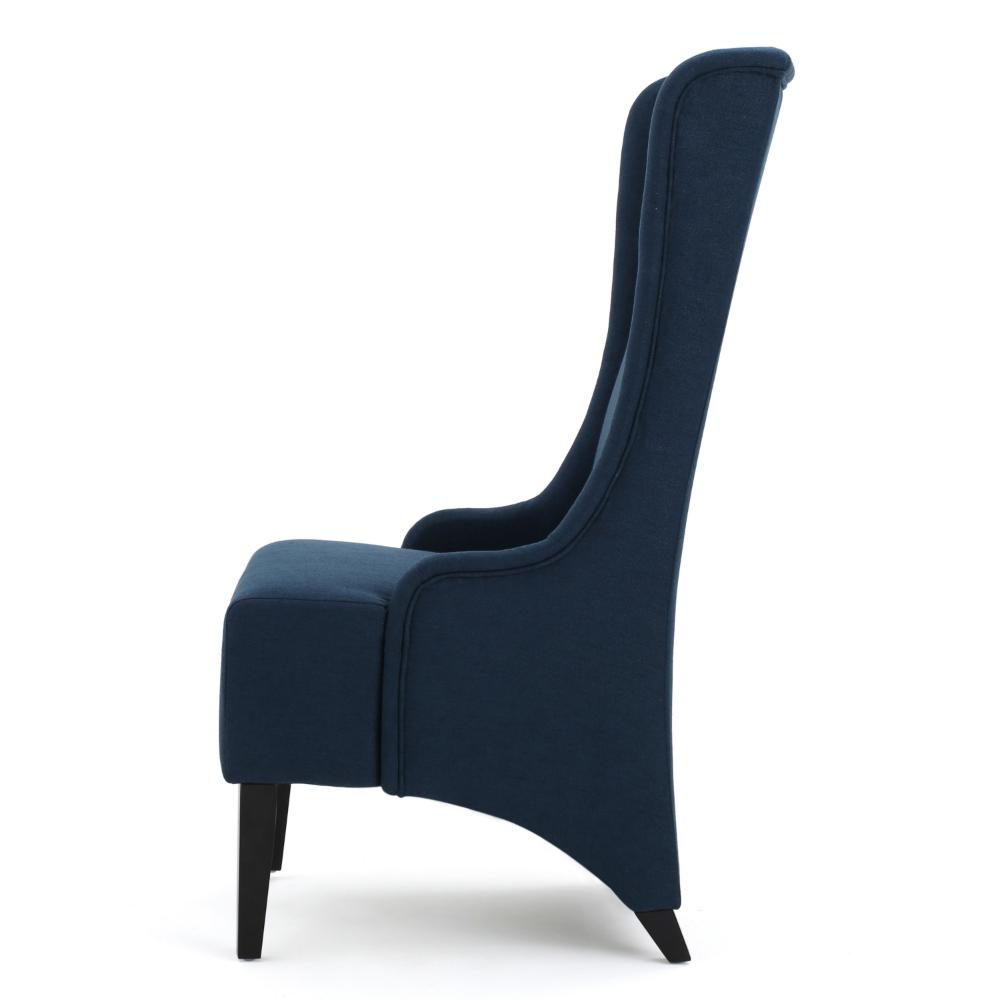 Benjara Becca Dining Chair, High Wingback Brown Birch Wood, Navy Blue Fabric