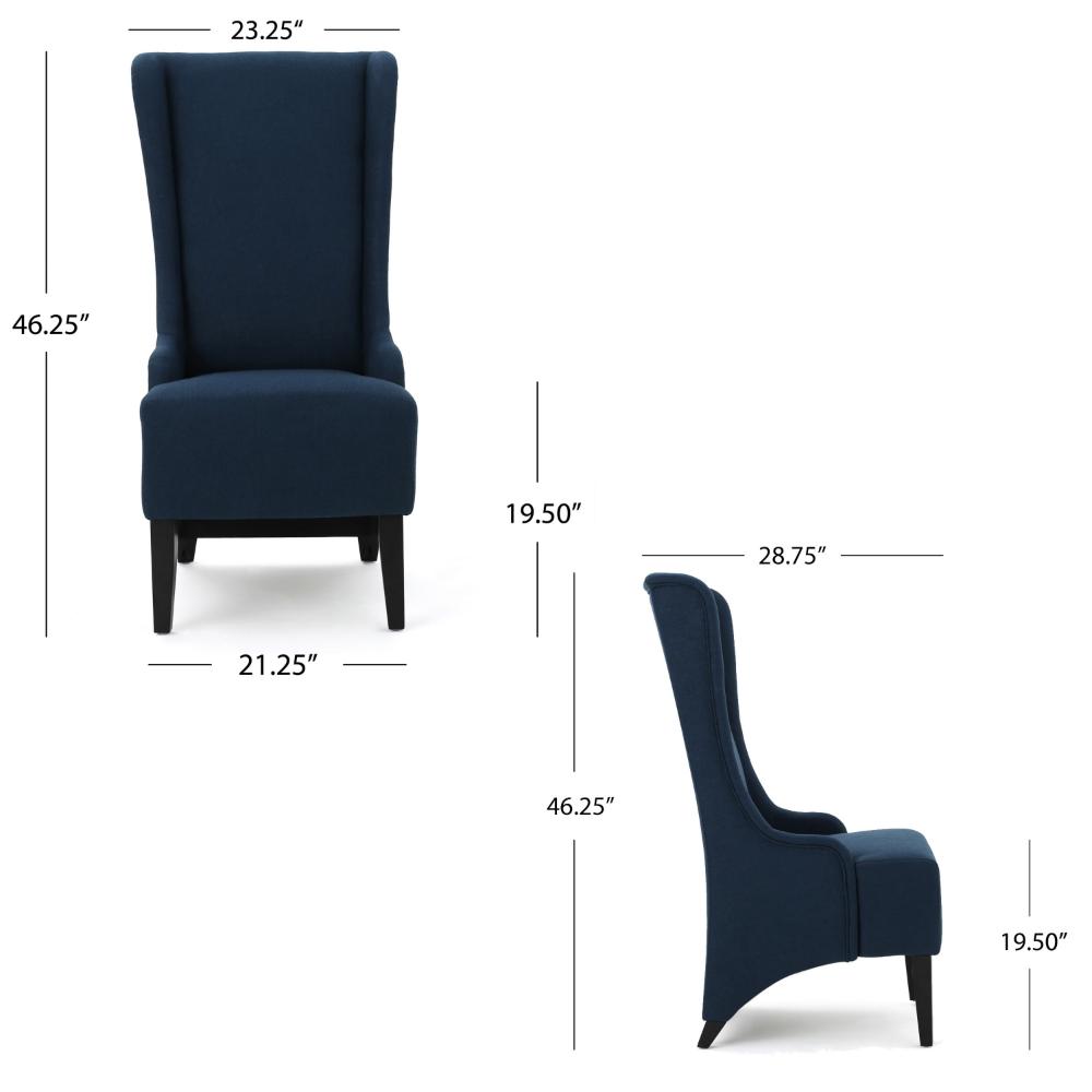 Benjara Becca Dining Chair, High Wingback Brown Birch Wood, Navy Blue Fabric
