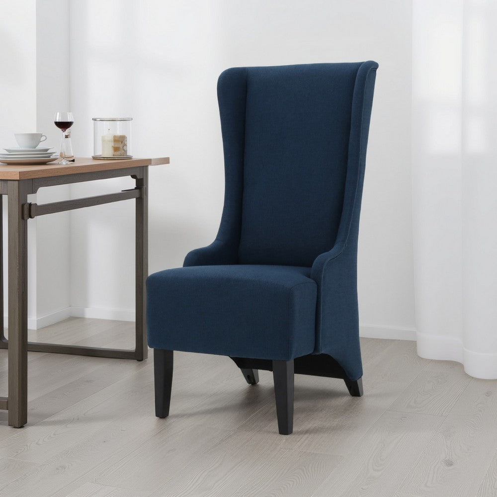 Benjara Becca Dining Chair, High Wingback Brown Birch Wood, Navy Blue Fabric