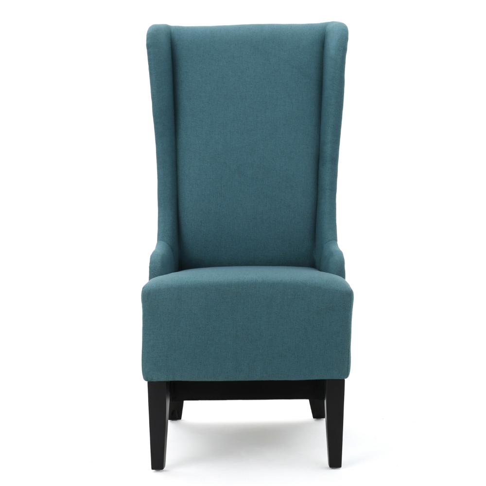 Benjara Becca Dining Chair, High Wingback Dark Brown Birch Wood, Teal Fabric