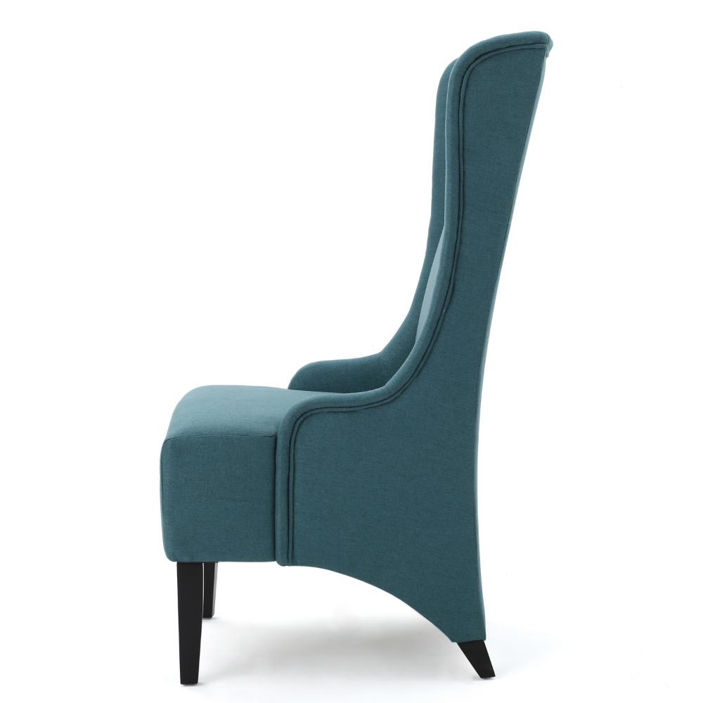 Benjara Becca Dining Chair, High Wingback Dark Brown Birch Wood, Teal Fabric