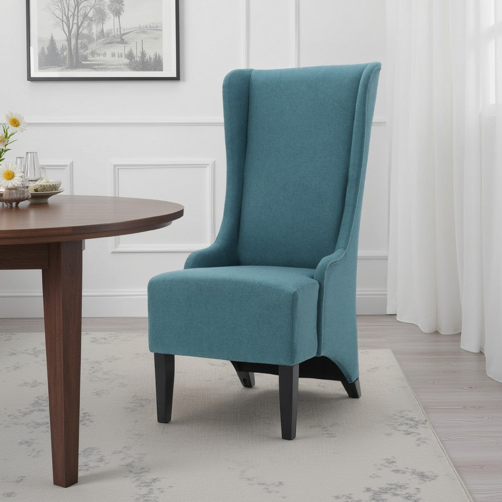 Benjara Becca Dining Chair, High Wingback Dark Brown Birch Wood, Teal Fabric