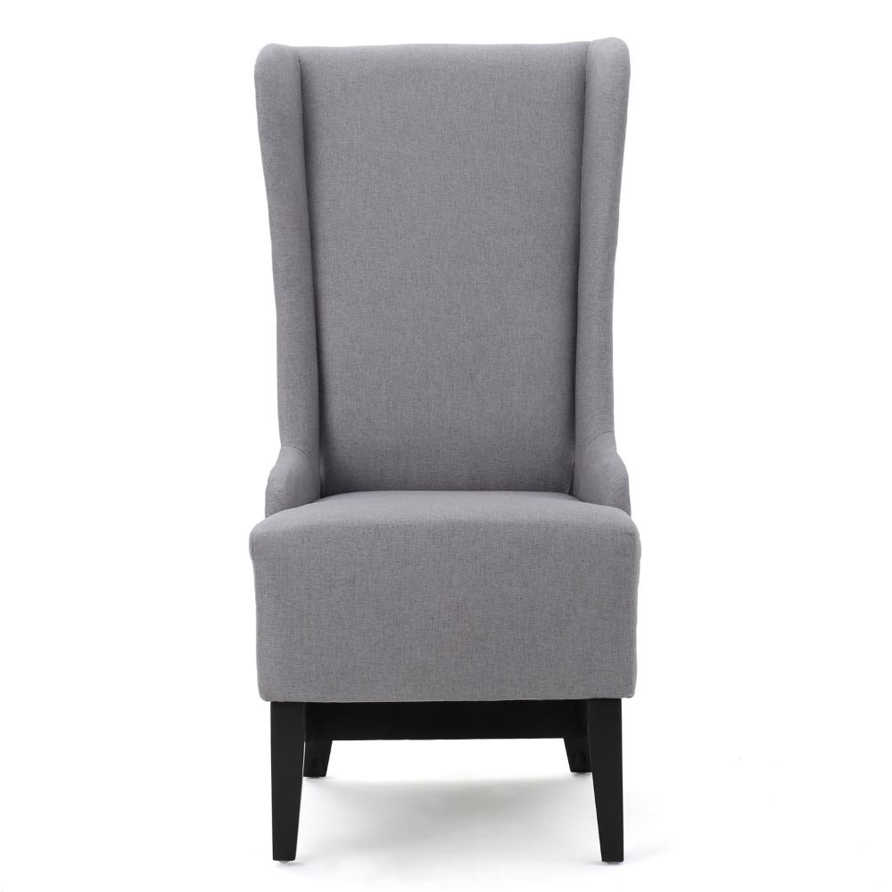 Benjara Becca Dining Chair, High Wingback Brown Birch Wood, Light Gray Fabric