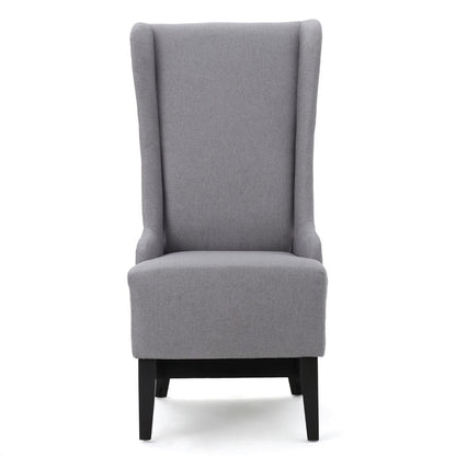 Benjara Becca Dining Chair, High Wingback Brown Birch Wood, Light Gray Fabric