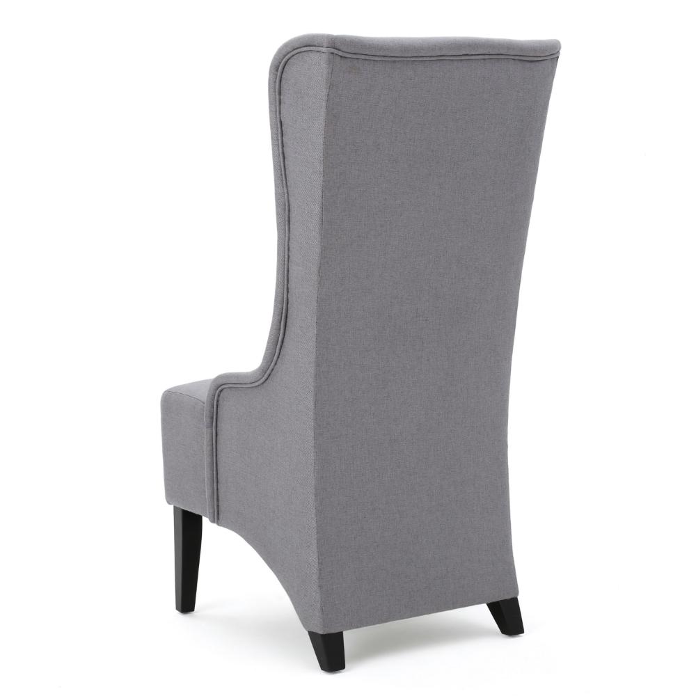 Benjara Becca Dining Chair, High Wingback Brown Birch Wood, Light Gray Fabric