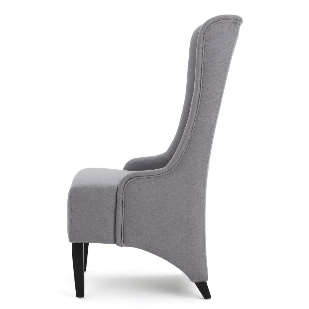 Benjara Becca Dining Chair, High Wingback Brown Birch Wood, Light Gray Fabric