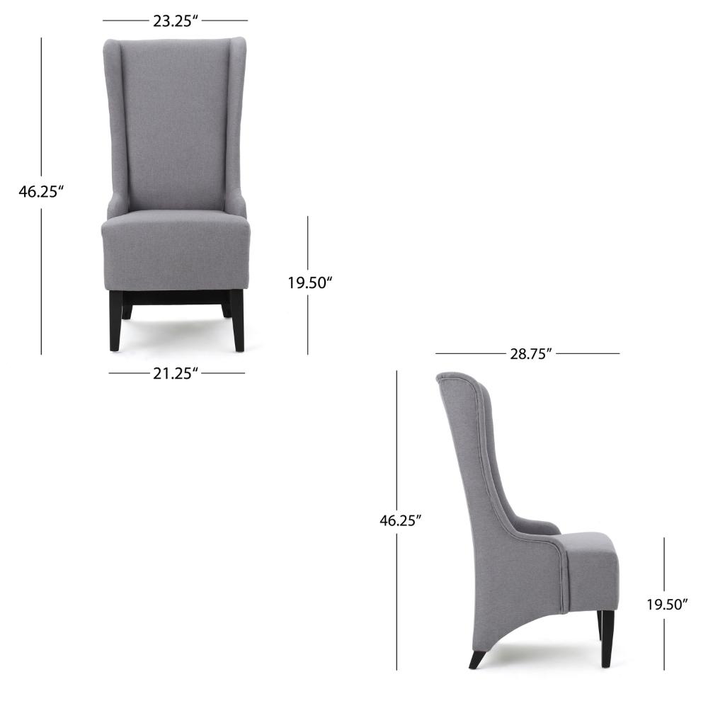 Benjara Becca Dining Chair, High Wingback Brown Birch Wood, Light Gray Fabric