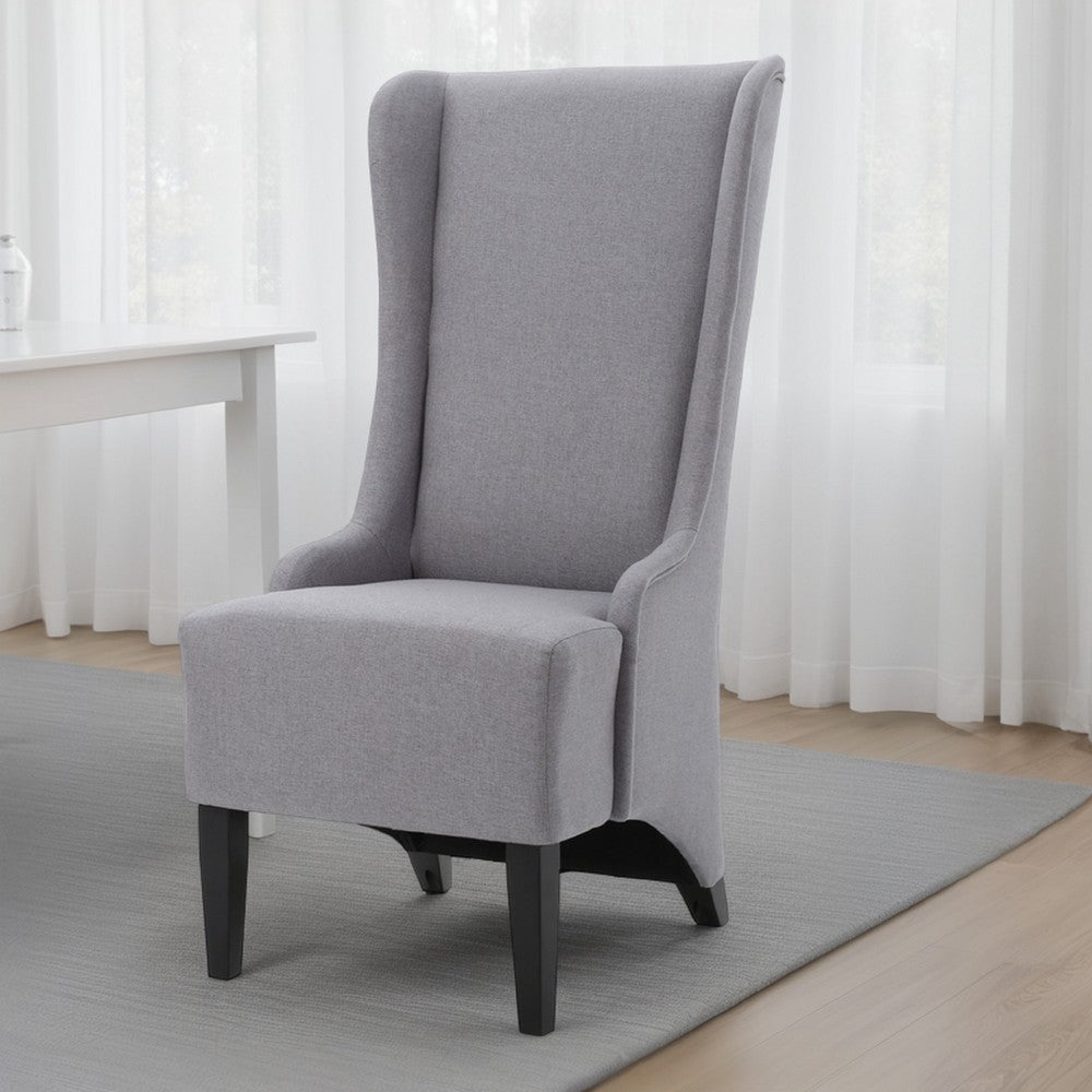 Benjara Becca Dining Chair, High Wingback Brown Birch Wood, Light Gray Fabric