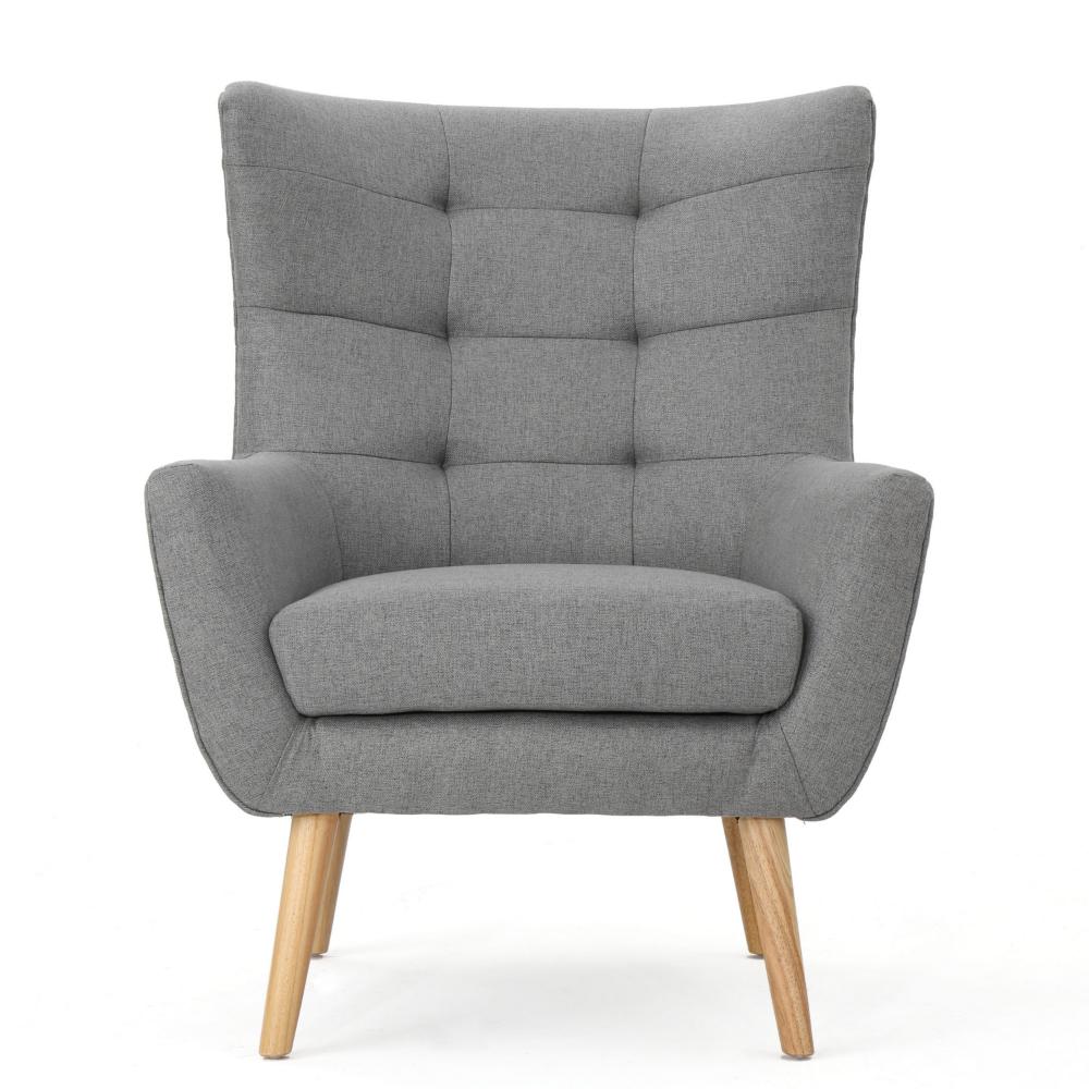 Benjara Ranie Accent Club Chair, Rubberwood Legs, Gray Button Tufted Polyester