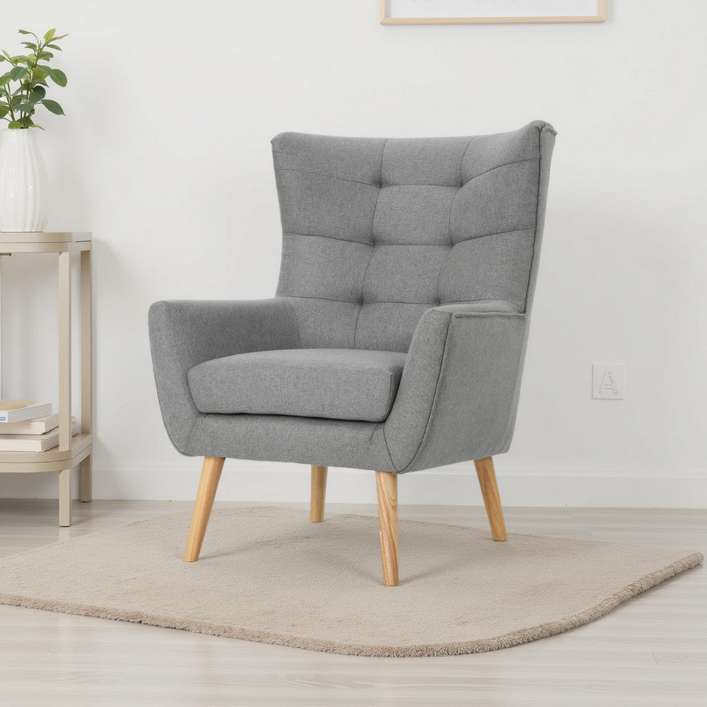 Benjara Ranie Accent Club Chair, Rubberwood Legs, Gray Button Tufted Polyester
